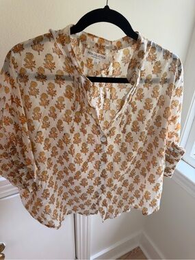 Emerson Frye India Collection Women's White & Mustard Floral Button-Front Top